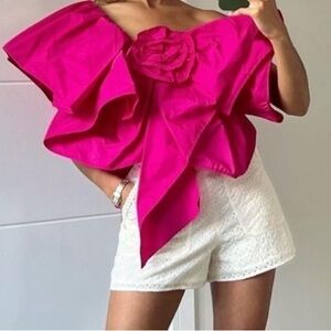 New!! Zara raised rose ruffled asymmetric top XS